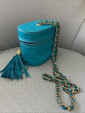 CHANEL Teal Quilted Round Tassel Crossbody
